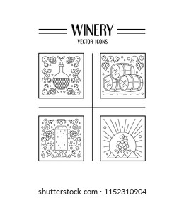 Modern line style wine icons set. Winery objects
