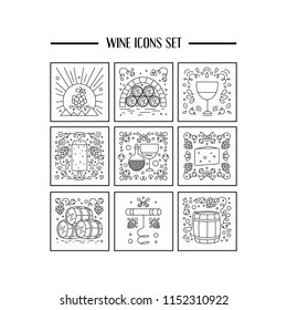 Modern line style wine icons set. Winery objects