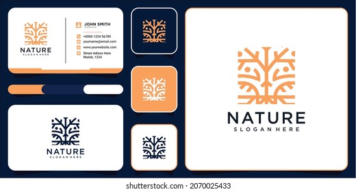 Diseño de logotipo de árbol de línea moderna con diseño de tarjeta de visita. diseño de logotipo de árbol