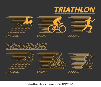 Modern line triathlon symbol. Gold vector figures triathletes.