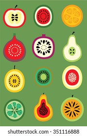 Modern Line Vector Collection Of Fruits - Apple, Pomegranate, Lemon, Orange, Fig, Pear, Kiwi, Mango, Mangosteen, Papaya, Pineapple Guava, Passion Fruit. Fruit Icon Collection - Vector Illustration