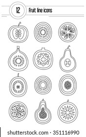 Modern line vector collection of fruits - apple, pomegranate, lemon, orange, fig, pear, kiwi, mango, mangosteen, papaya, pineapple guava, passion fruit. Fruit icon collection - vector illustration