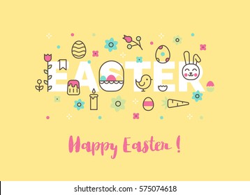 Modern line vector Easter illustration. Website banner or header. Egghunt invitation. Ostern sunday spring celebration.