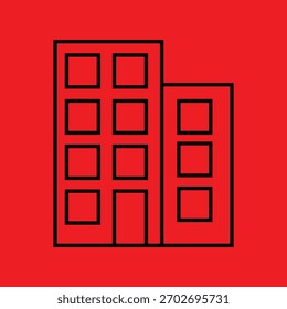 Ein modernes Linien-Vektorsymbol von zwei gestuften Bürogebäuden mit quadratischen Fenstern auf rotem Hintergrund. Sie vertritt die Geschäftsstellen, städtische Immobilien und Stadtgeschäfte.