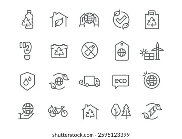 Modern line vector icons representing ecology and green technologies. Includes symbols of clean energy, air quality, earth protection, water conservation, recycling, and electric vehicles