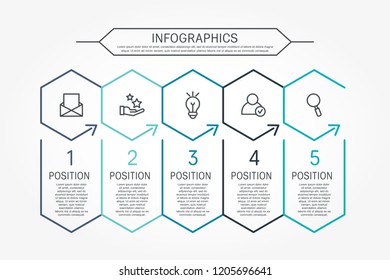 Modern line vector illustration. Infographic template with five elements, hexagons and text. Timeline step by step. Designed for business, presentations, web design, diagrams, training with 5 steps.