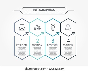 Modern line vector illustration. Infographic template with four elements, hexagons and text. Timeline step by step. Designed for business, presentations, web design, diagrams, training with 4 steps.