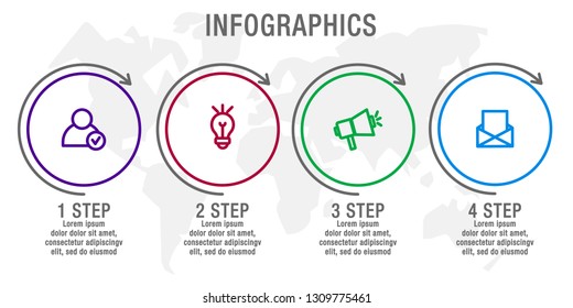 Modern line vector illustration. Infographic circles template with four elements, sectors, icons. Designed for business, presentations, web design, interface, workflow layout, diagrams with 4 steps.