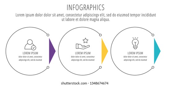 Modern line vector illustration. Infographic circles template with three elements, sectors, icons. Designed for business, presentations, web design, interface, workflow layout, diagrams with 3 steps