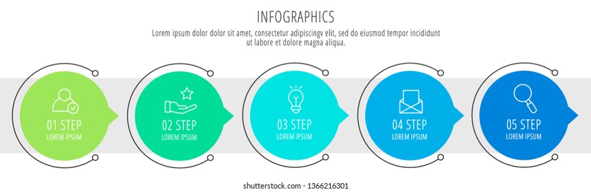 Modern line vector illustration. Infographic circles template with five elements, sectors, icons. Timeline designed for business, presentations, web design, workflow layout, diagrams with 5 steps