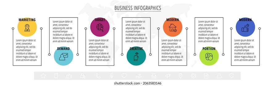 Infografía vectorial moderna y de línea con círculos y siete pasos. Iconos con líneas delgadas para la aplicación, sitio web, interfaz, gráfico, niveles, web, diagrama, banner, presentaciones sobre fondo blanco aislado
