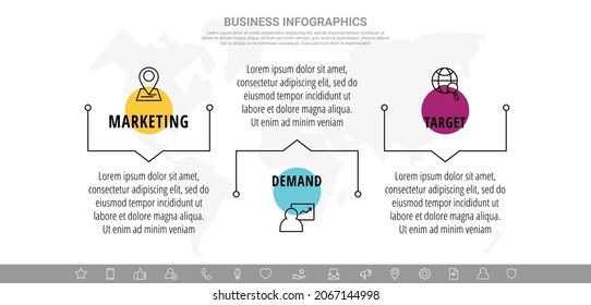 Infografía vectorial moderna y de línea con círculos y tres pasos. Iconos con líneas delgadas para la aplicación, sitio web, interfaz, gráfico, niveles, web, diagrama, banner, presentaciones sobre fondo blanco aislado