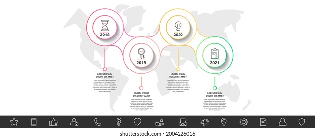 Infografía vectorial moderna y de línea con iconos y cuatro pasos. Círculos con líneas delgadas para la aplicación, sitio web, gráfico, niveles, diagrama, banner, presentaciones sobre un fondo blanco aislado