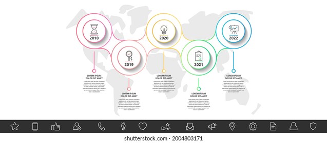 Modern and line vector infographic with icons and 5 steps. Circles with thin lines for the application, website, interface, chart, levels, diagram, banner, presentations on a white isolated background