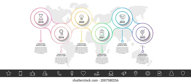 Modern and line vector infographic with icons and six steps. Circles with thin lines for the application, website, interface, chart, levels, banner, presentations on a white isolated background