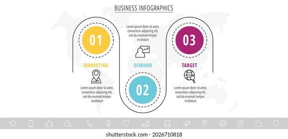 Modern and line vector infographic with icons and three steps. Circles with thin lines for the application, website, interface, chart, diagram, banner, presentations on a white isolated background