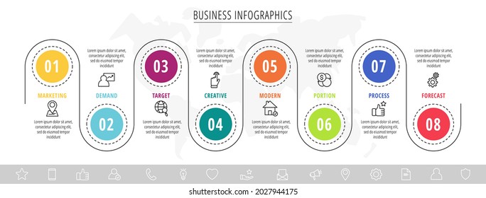 Infografía vectorial moderna y de línea con iconos y 8 pasos. Círculos con líneas delgadas para la aplicación, sitio web, interfaz, gráfico, niveles, diagrama, banner, presentaciones en un fondo blanco aislado