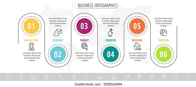 Modern and line vector infographic with icons and six steps. Circles with thin lines for the application, website, interface, chart, levels, banner, presentations on a white isolated background
