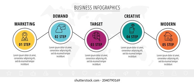 Modern and line vector infographic with icons and 5 steps. Circles with thin lines for the application, website, interface, chart, levels, diagram, banner, presentations on a white isolated background