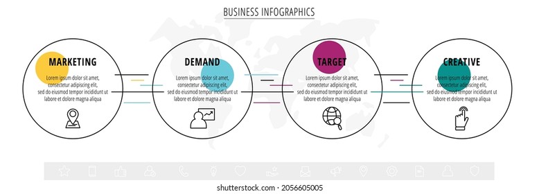 Modern and line vector infographic with icons and four steps. Circles with thin lines for the application, website, chart, levels, diagram, banner, presentations on a white isolated background