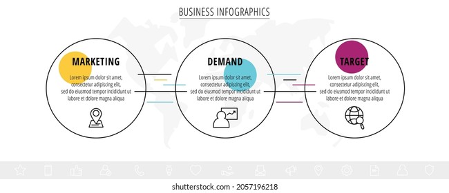 Modern and line vector infographic with icons and three steps. Circles with thin lines for the application, website, interface, chart, diagram, banner, presentations on a white isolated background