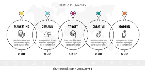 Modern and line vector infographic with icons and 5 steps. Circles with thin lines for the application, website, interface, chart, levels, diagram, banner, presentations on a white isolated background
