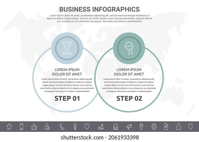 Vector de línea y moderno Infografía con iconos y dos pasos. Círculos con líneas delgadas para la aplicación, sitio web, interfaz, gráfico, niveles, web, diagrama, banner en un fondo blanco aislado
