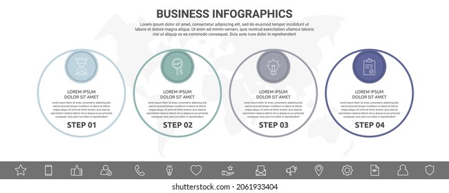 Moderne und zeilenförmige Vektorgrafik mit Symbolen und vier Schritten. Kreise mit dünnen Linien für die Anwendung, Website, Diagramm, Ebenen, Diagramm, Banner, Präsentationen auf weißem, isoliertem Hintergrund
