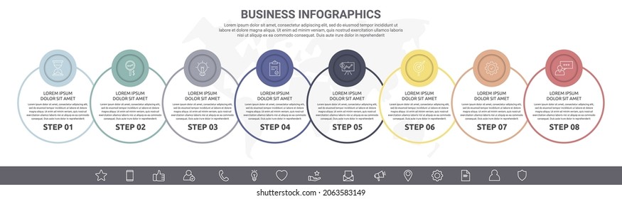 Modern and line vector infographic with icons and 8 steps. Circles with thin lines for the application, website, interface, chart, levels, diagram, banner, presentations on a white isolated background