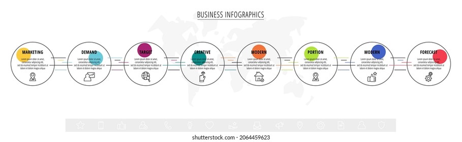 Modern and line vector infographic with icons and 8 steps. Circles with thin lines for the application, website, interface, chart, levels, diagram, banner, presentations on a white isolated background