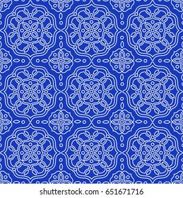Modern line vector traditional moroccan seamless pattern. Background design in white color on blue. Easy to use for wall or tiles decoration, printables and wrapping paper design and many more.