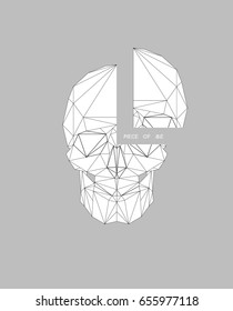 Modern line white polygonal flat hipster style illustration of human Skull, poster with text Piece of me. Halloween, dark spell t-shirt design.