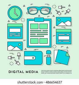 Modern Linear Art Flat Styled Business Icons and Elements Vector Illustration. Colorful Infographic Design for Decoration Surface.