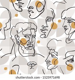 Modern Linear Art Seamless Pattern. Continuous One Line Drawing With Ancient Greek Gods Statue On Geometric Shapes Background. Hand Drawn Geometrical Portraits Illustration. Vector Concept Art