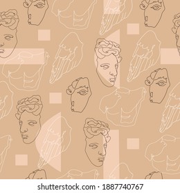 Modern linear art seamless pattern with statue of ancient greek gods on a background of geometric shapes. Vector concept art.