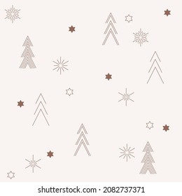 Modern linear design pattern with snowflake and fir tree icons. Trendy abstract linear compositions. New year's traditional decor elements. 