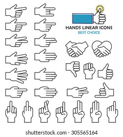 modern linear design vector hand icons and pictograms set black isolated on white background.  Handshake, counting, gesture, call me