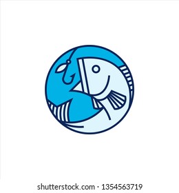 Modern linear fish and fishing hook icon. Fishing symbol. Seafood, shop, store, restaurant, fishing logotype.