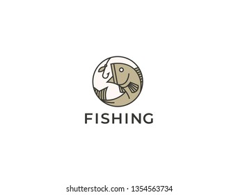 Modern linear fish and fishing hook icon. Fishing symbol. Seafood, shop, store, restaurant, fishing logotype.