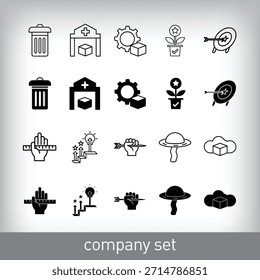 Modern, linear, and flat company icon set design. Creative storage, corporate, and development design.
