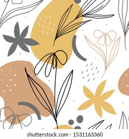 Modern Linear Floral Seamless Pattern With Abstract Shapes For Print, Fabric, Wallpaper. Scandinavian Aesthetic Background. Hand Drawn Floral Background.