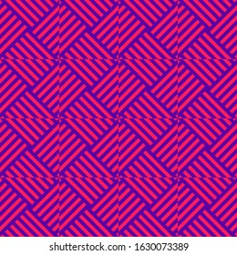 Modern linear geometric seamless pattern. Bright acid colors, purple and magenta. Optical art ornament. Simple abstract geo texture with diagonal lines, squares, triangles, repeat tiles. 90's style