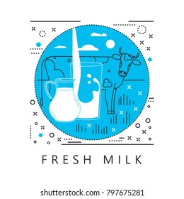 A modern linear icon with a cow, a jug of milk and a glass with a milk splash. Vector illustration.