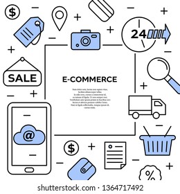 Modern linear icon with e-commerce. Online shopping concept with copy space. Vector illustration in trendy flat style. 