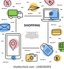 Modern linear icon with e-commerce. Shopping concept with copy space. Vector illustration in trendy flat style. 