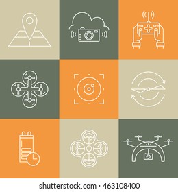 Modern linear icon set with drones. Drone vector icons. Modern vehicles for photography, delivery and military purposes.