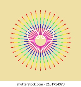 Modern linear illustration. The concept of accepting people with a different sexual orientation. Image of a heart on a background of rays in rainbow color. 