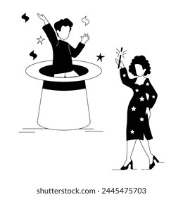 Modern linear illustration depicting a magic show