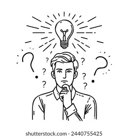 Ilustración lineal moderna de un hombre en lo profundo del pensamiento, una bombilla brillante arriba simbolizando una idea.