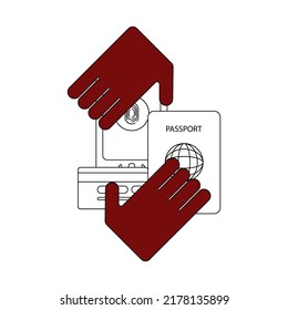 A modern linear illustration on the topic of data preservation and the search for malware programs to protect personal information. The image of a bank card and passport among the hands of intruders
